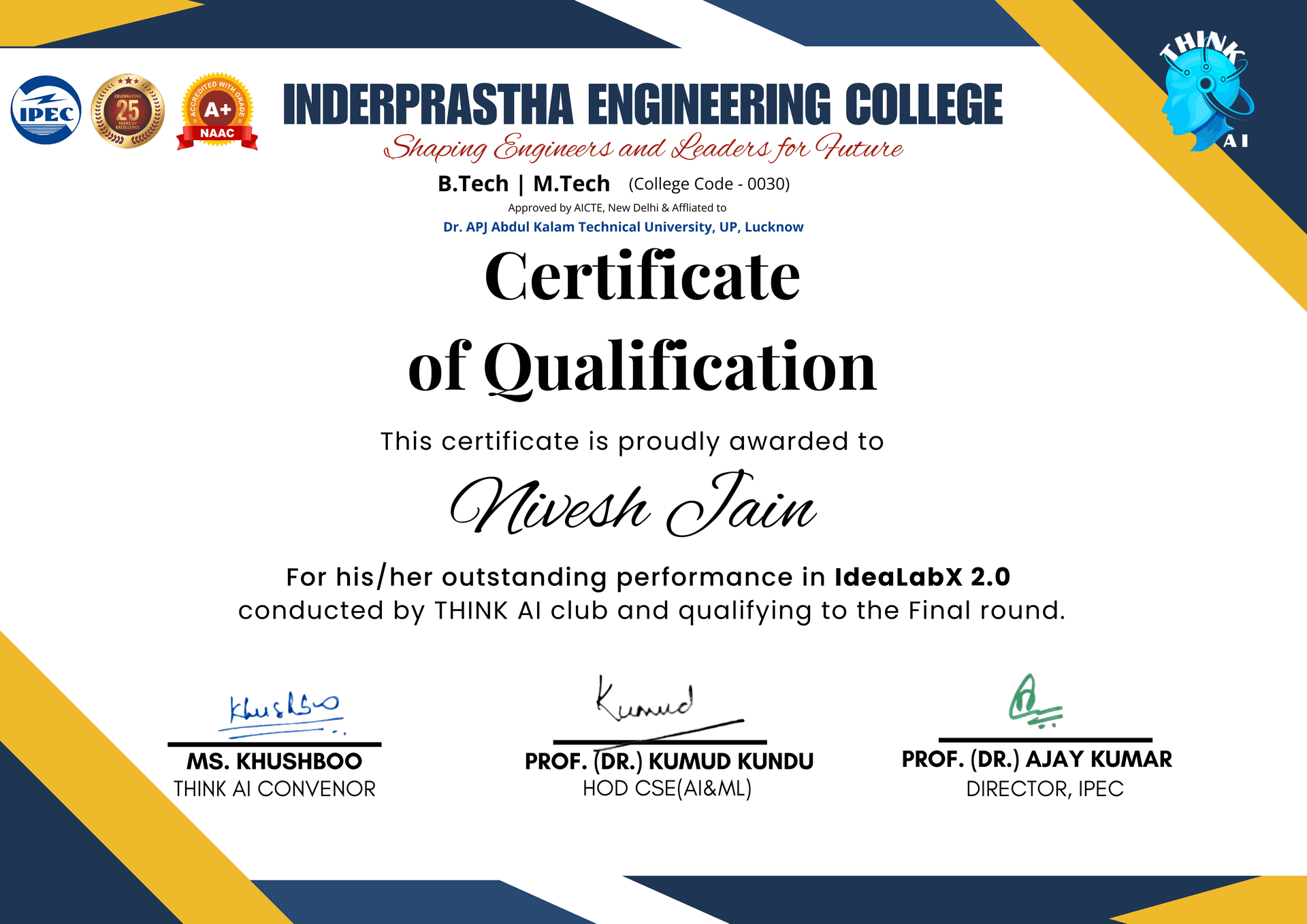 Nivesh Jain certificate - Sophisticated UI Narrative